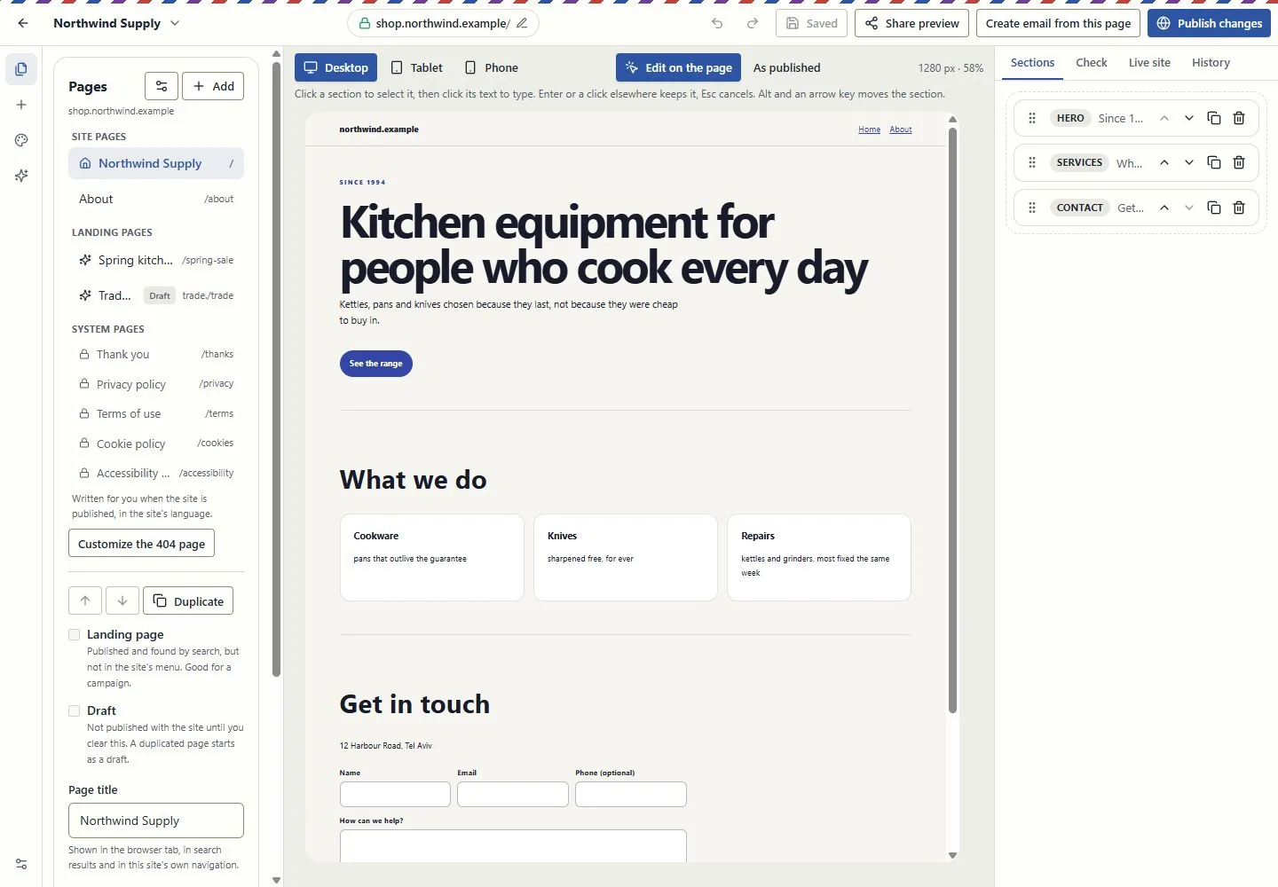 A canvas for websites and landing pages