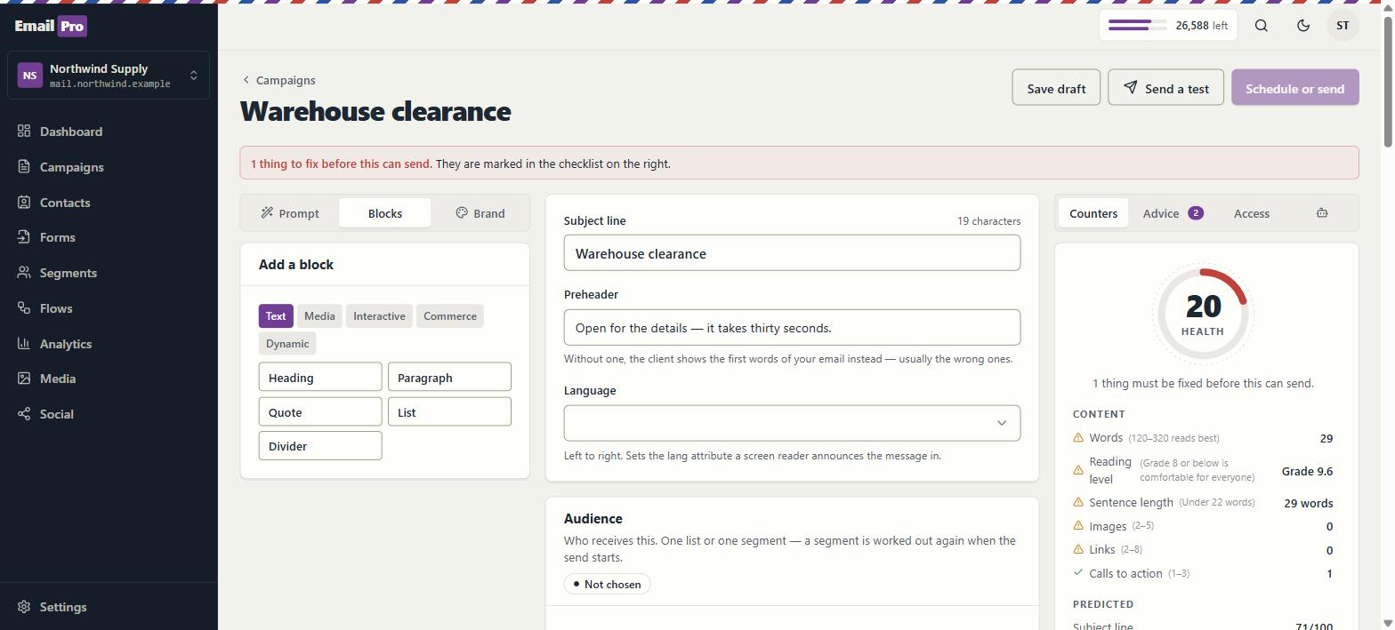 EmailPro block editor with a palette of heading, paragraph, image, button, divider and list blocks