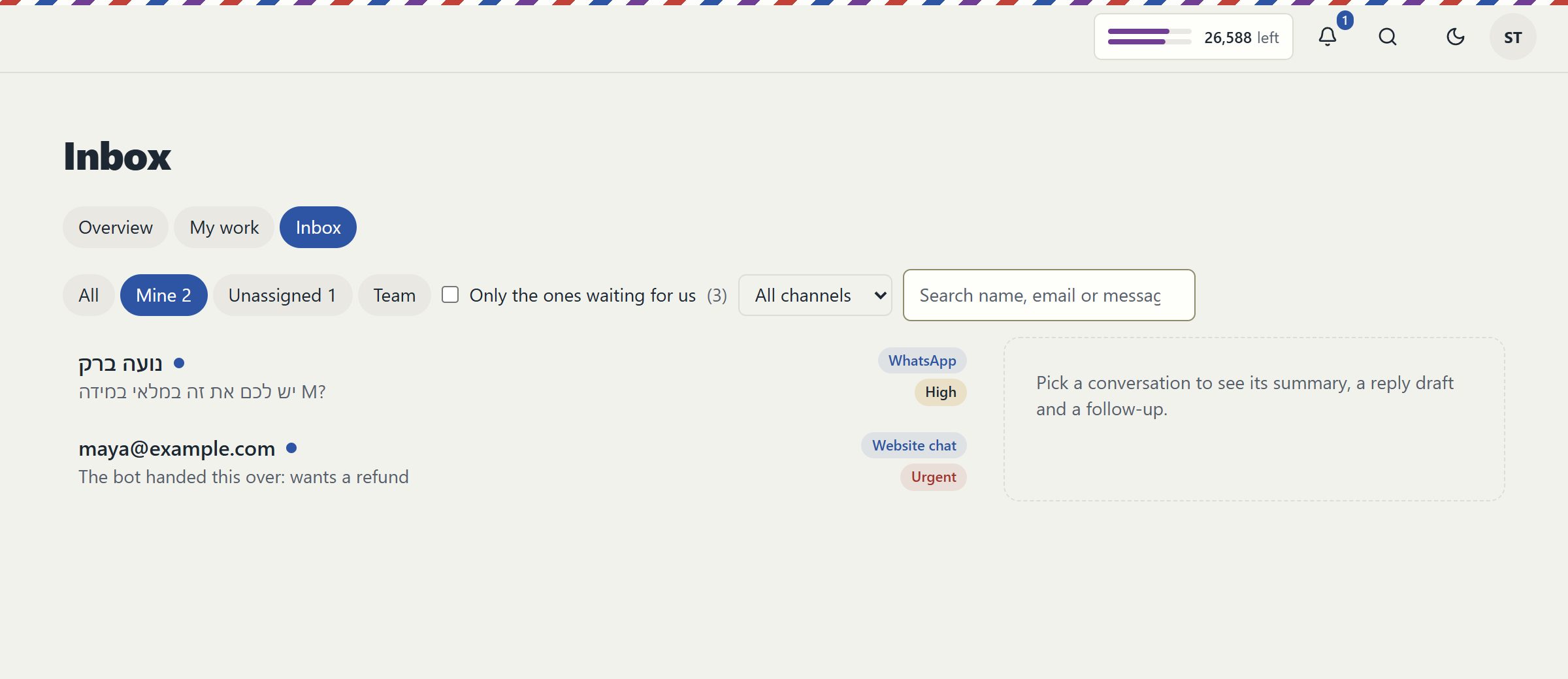 The EmailPro shared inbox with filters for mine, unassigned and team, a channel selector, and a WhatsApp conversation and a website chat handed over by the bot